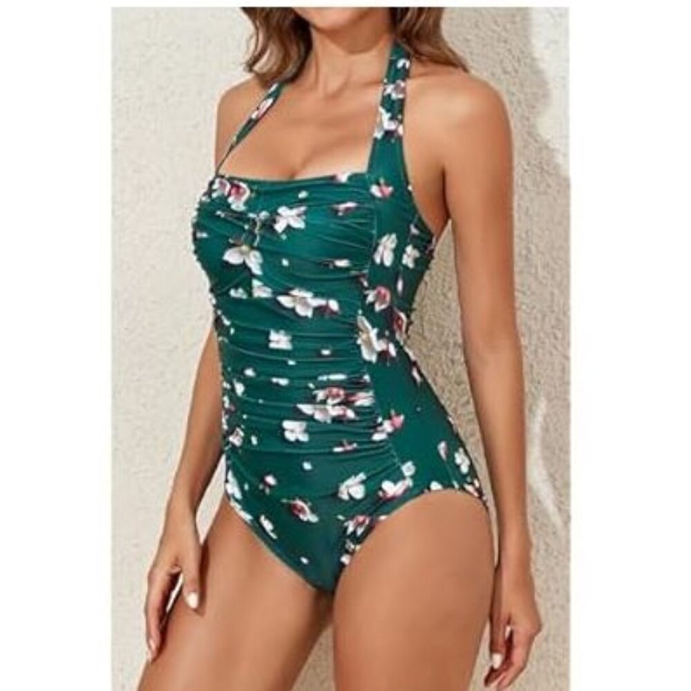 Womens Size XL Tummy Control Swimwear Halter One Piece Slimming Retro Swimsuit - Picture 3 of 10